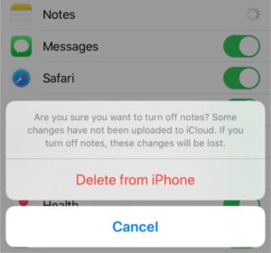 Alert asking to Delete Notes from iPhone after turning off iCloud sync