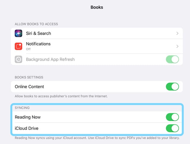 syncing settings for Apple Books on iOS