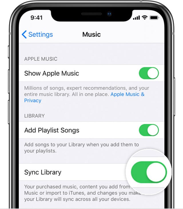 Apple Music Sync Library option in Settings