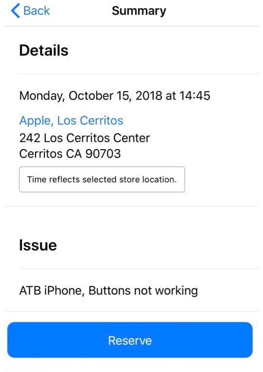reserve button on apple support app appointment reservation