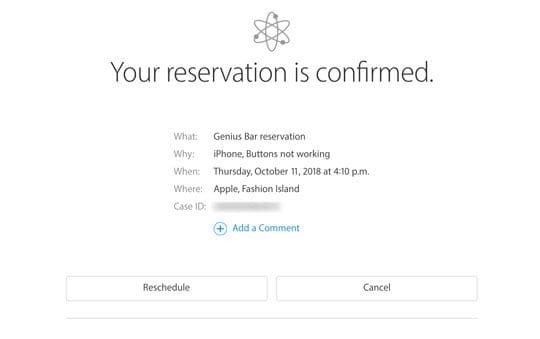 apple store genius appointment reservation confirmed