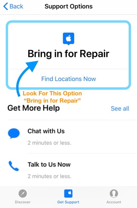 bring in for repair apple support app