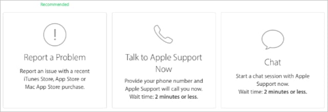 Apple Support options showing phone or online chat.