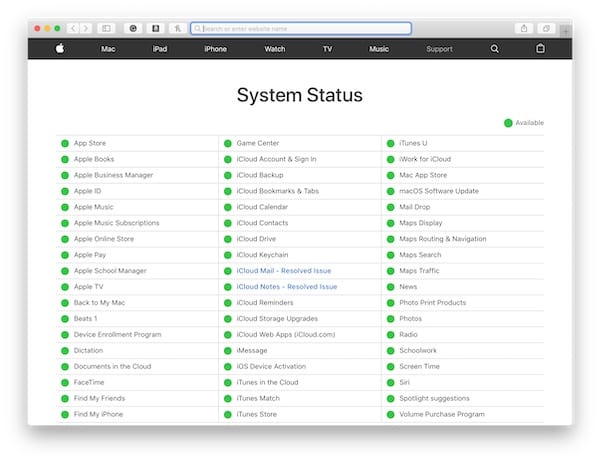 Screenshot from Apple's System Status Website showing everything Green