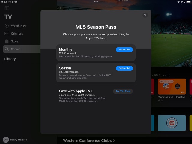 Screenshot showing different pricing options for the Apple TV MLS Season Pass