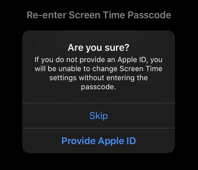 screen time passcode recovery with Apple ID asking are you sure?