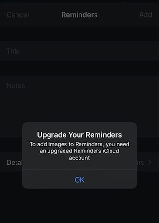 Cannot add images to Reminders in iOS 13