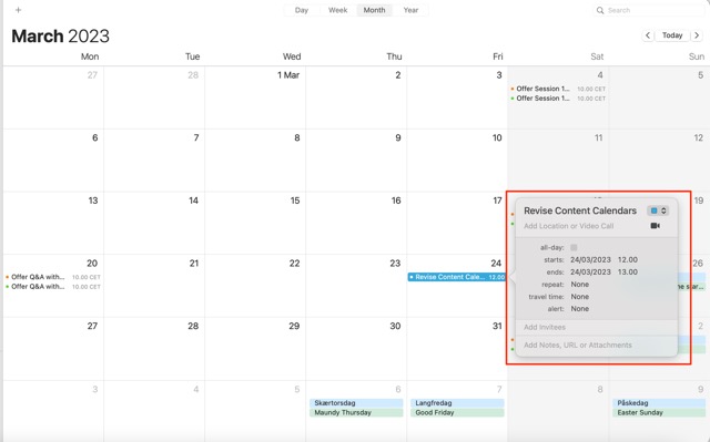 Screenshot showing how to change the time for an event in macOS