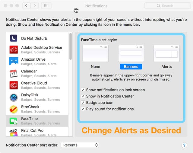 facetime notification settings on Mac