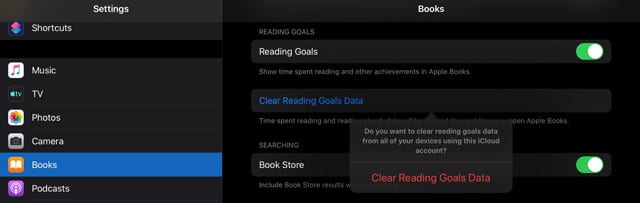 clear apple books reading goals data from iPad or iPhone or iPod