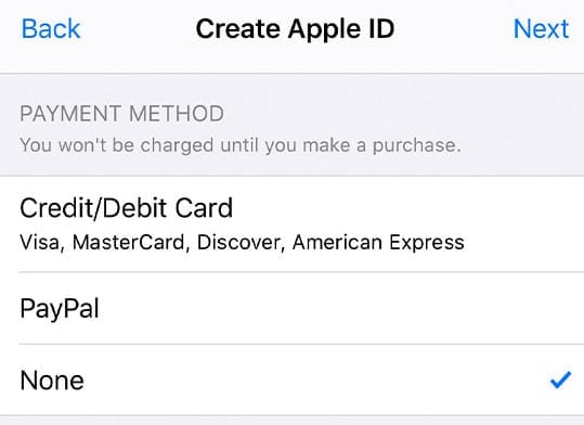 payment method is none for new apple id