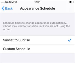 Dark mode iOS Sunset to Sunrise schedule