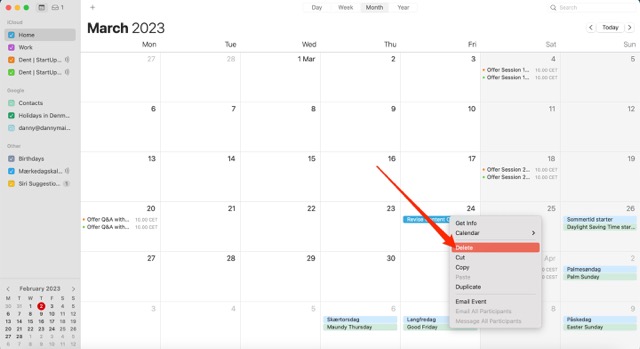 Screenshot showing how to delete an event in Apple Calendar for macOS