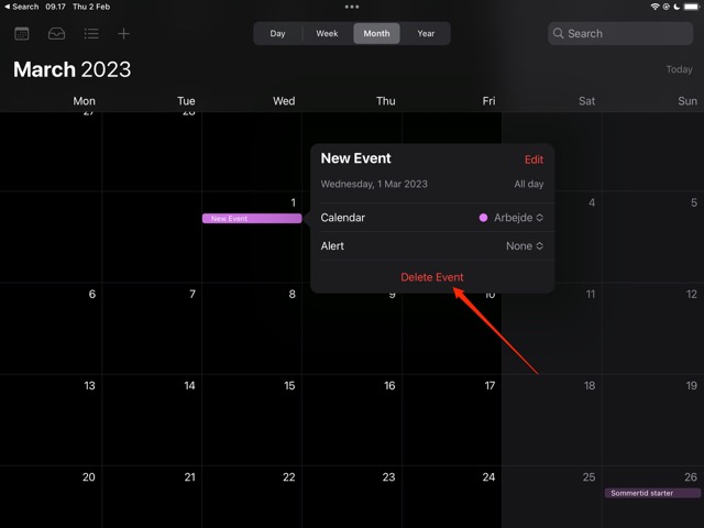 Screenshot showing how to delete an event in Apple Calendar on iPad