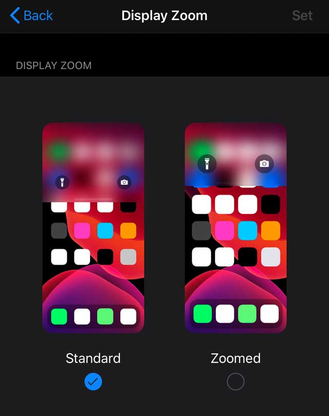 display zoom on iOS 13 dark mode iPhone