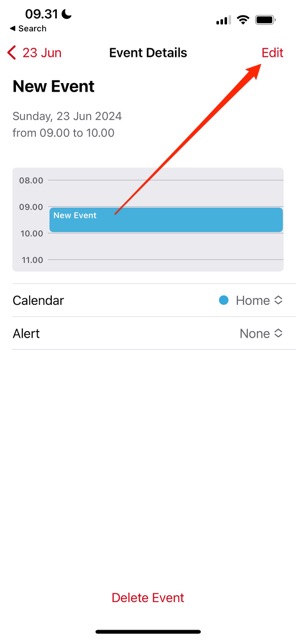Screenshot showing how to edit an event in Apple Calendar for iOS