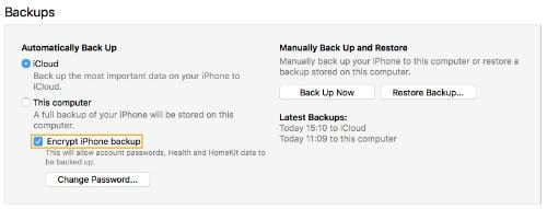 Screenshot of the Encrypt [your device] Backup option in iTunes