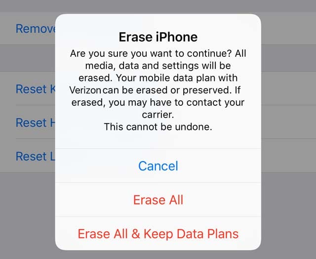 iPhone with eSIM erase options in settings reset app