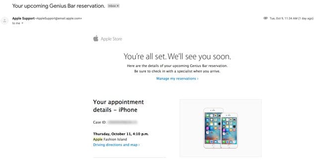 upcoming Genius Bar reservation from apple support site email
