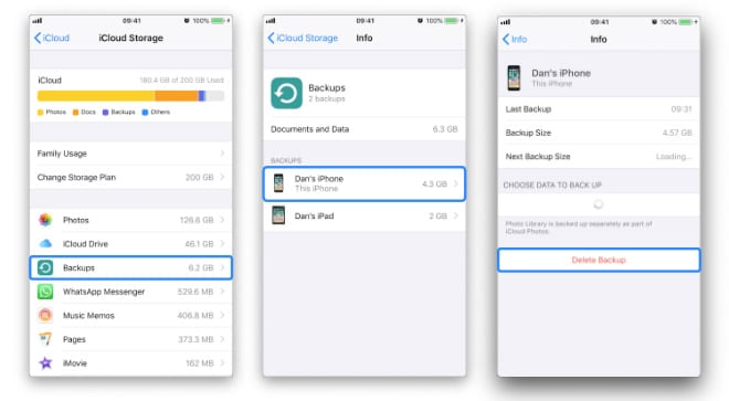 Three screenshots showing how to Delete Last Backup from iCloud