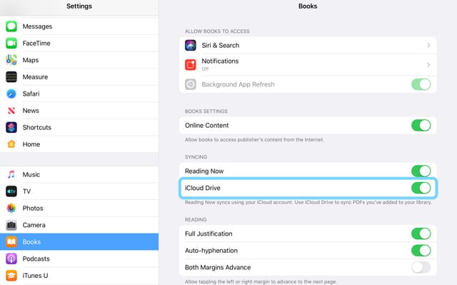 iOS and iPadOS Apple Books iCloud Drive setting toggle