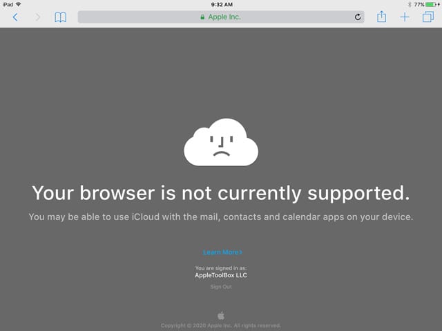 Apple iCloud not supported in this browser