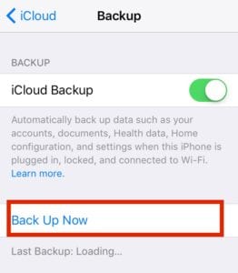 iCloud Backup Now iOS 10 Install