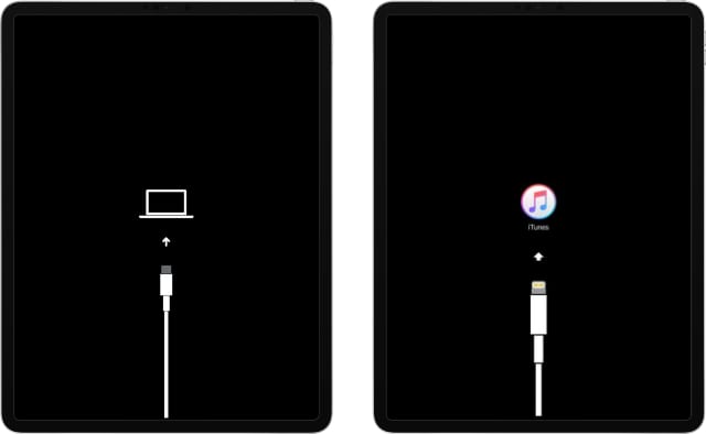 iPad Pro with old and new Recovery Mode icons, iTunes and Computer