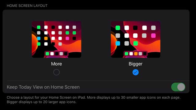 iPadOS home screen layout options with Bigger selected