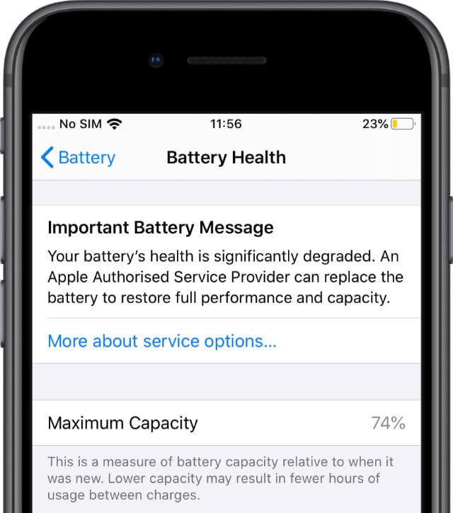 iPhone 6S showing an Important Battery Message and Maximum Capacity