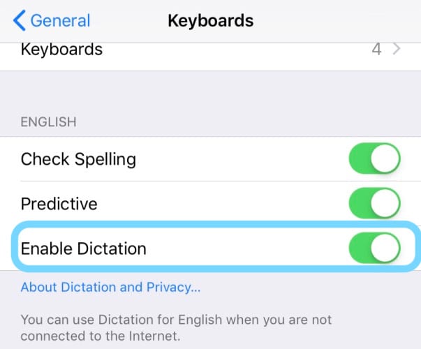 enable dictation in keyboard settings iOS iPhone