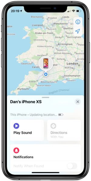 iPhone Find My app showing device on a map