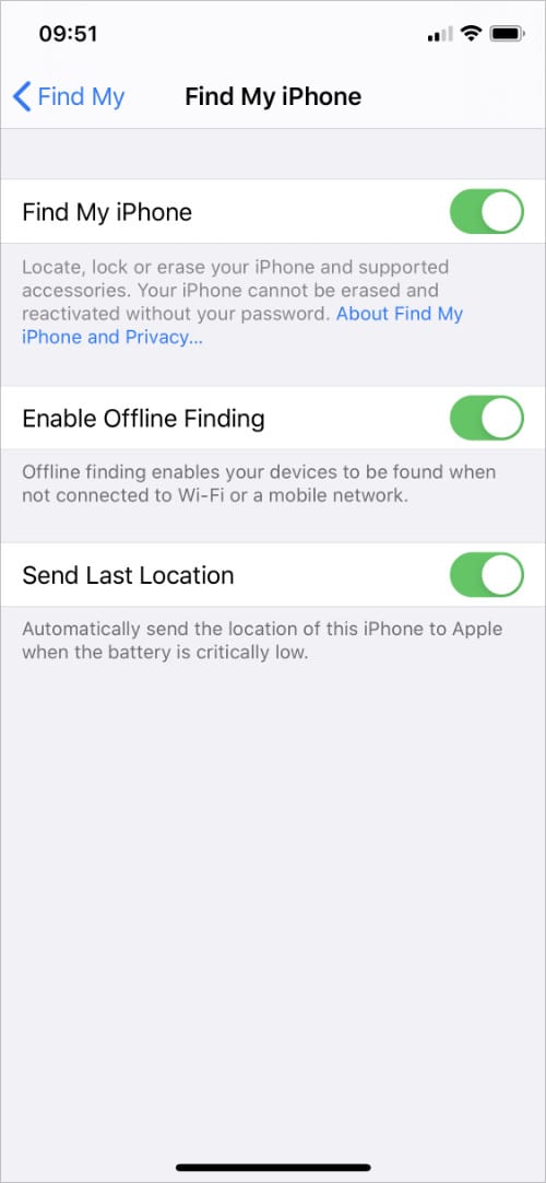 iPhone Find My iPhone settings