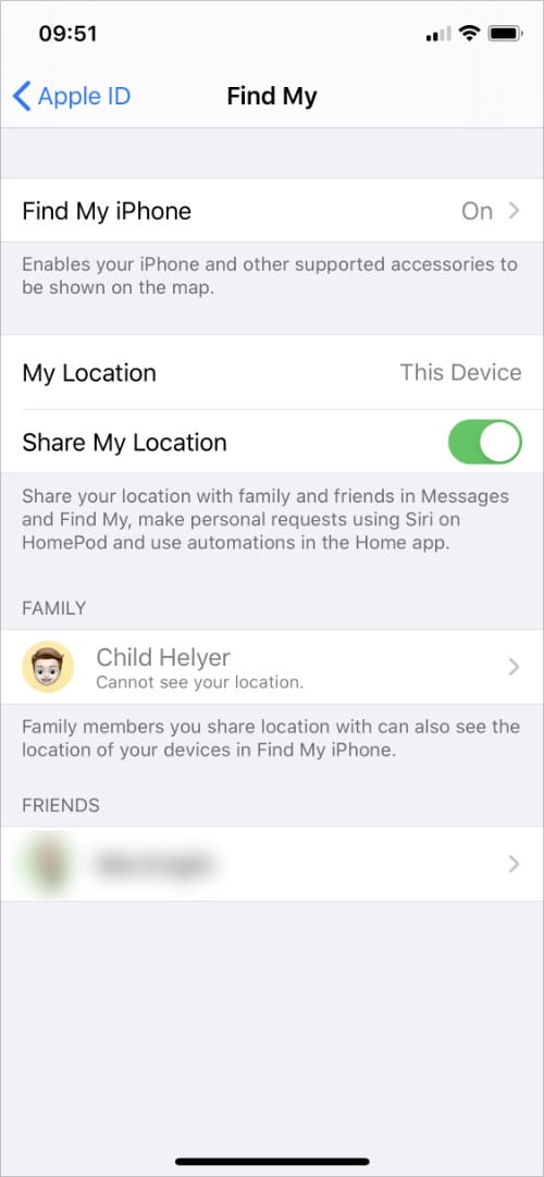 iPhone Find My settings
