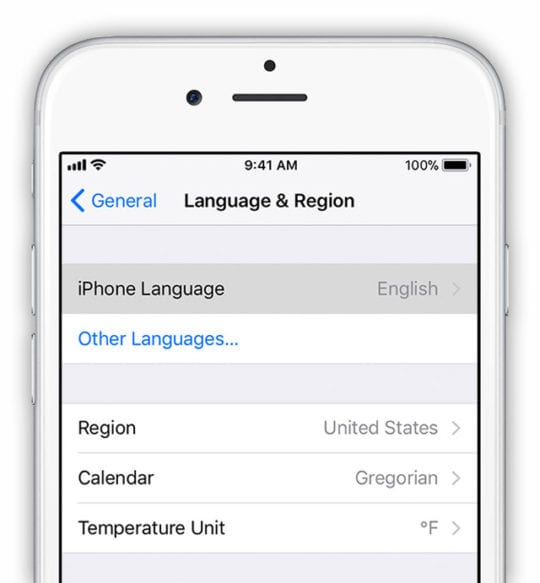 iOS General Setting for Language & Region on iPhone