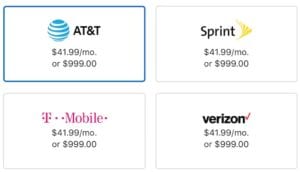 Carrier selection of AT&T, Sprint, T-Mobile, and Verizon.
