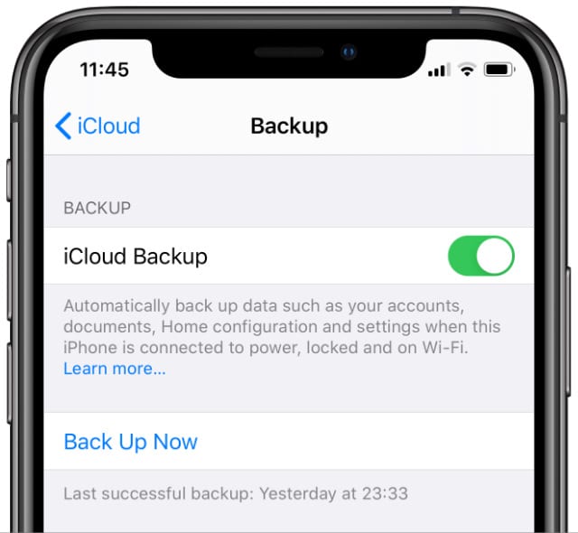 iPhone XS iCloud Backup settings showing Back Up Now button