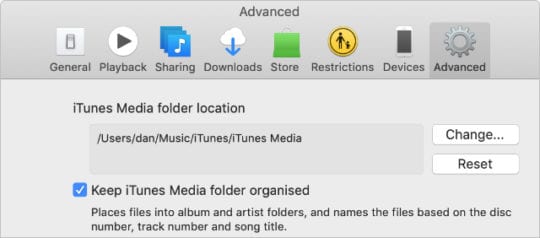 iTunes Advanced preferences showing option to keep iTunes Media folder organized