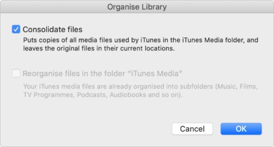 iTunes window to Consolidate files in the iTunes Media library