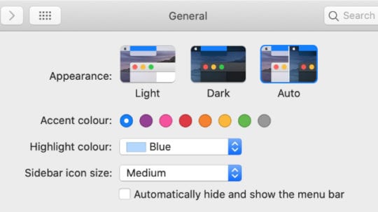 macOS Catalina Auto dark light mode System Preferences