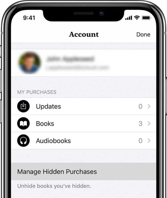 Apple Books app manage hidden purchases