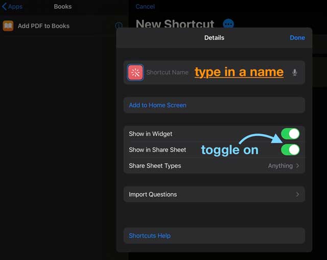 show shortcut in share sheet for iOS and iPadOS new shortcut options
