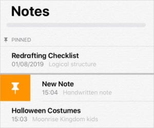 Notes in iPadOS and iOS 13 showing button to Pin a note