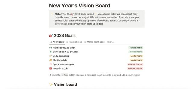 screenshot showing a new year's vision board in notion
