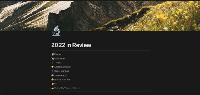 screenshot showing a yearly review template in notion