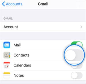 Password & Accounts Gmail Contacts toggle