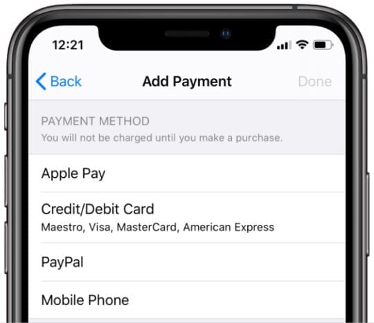 Payment methods for Apple ID account on iPhone
