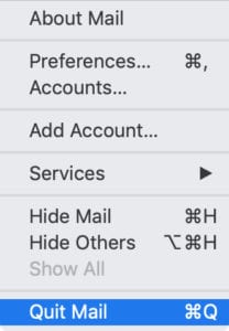 Quit Mail option from menu bar