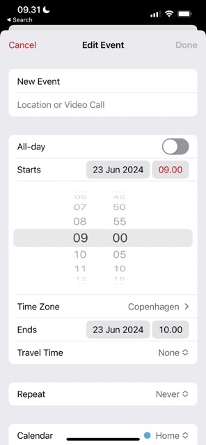 Screenshot showing how to reschedule an event in Apple Calendar for iOS