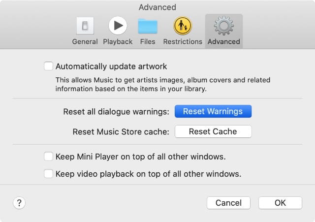 Reset Warnings option in iTunes or Apple Music Advanced Preferences